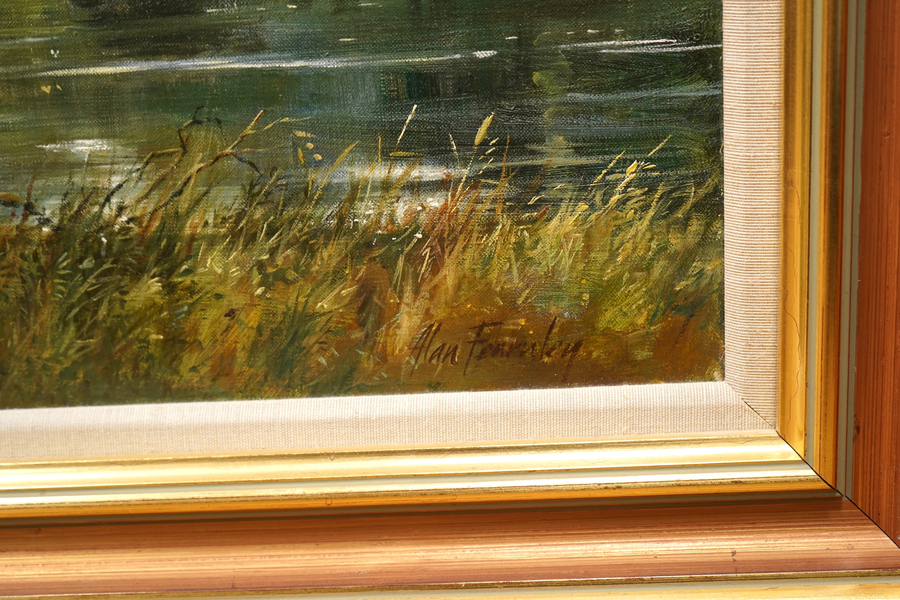 Alan Fearnley (b.1942), ‘River scene’, signed, ex Stacy Marks, oil on canvas, 50 x 75cm
